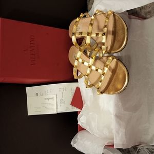 Valentino Gold Rockstud City Flat Sandals